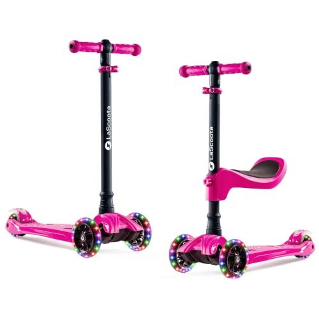 LaScoota 2-in-1 Kids Kick Scooter, Adjustable Height Handlebars and Removable Seat, 3 LED Lighted Wheels and Anti-Slip Deck, for Ages 3-14 and up to 100 Lbs., Little Scooters for Toddlers
